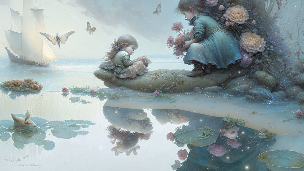 Ethereal children by tranquil lakeshore with sailing ship and butterflies.