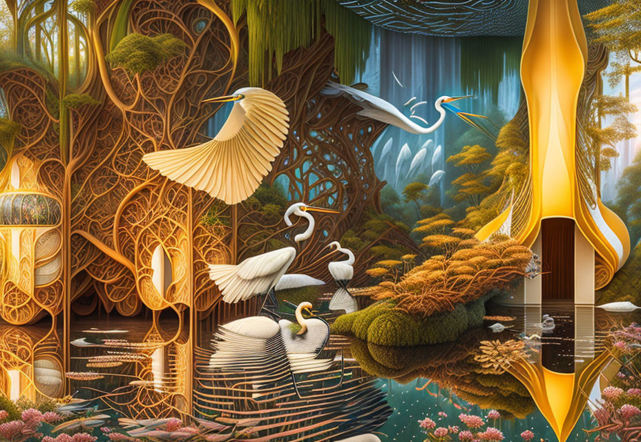 Vibrant landscape with egrets, serene lake, whimsical trees, and surreal waterfall