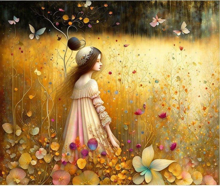 Whimsical illustration of girl in pastel dress in magical field