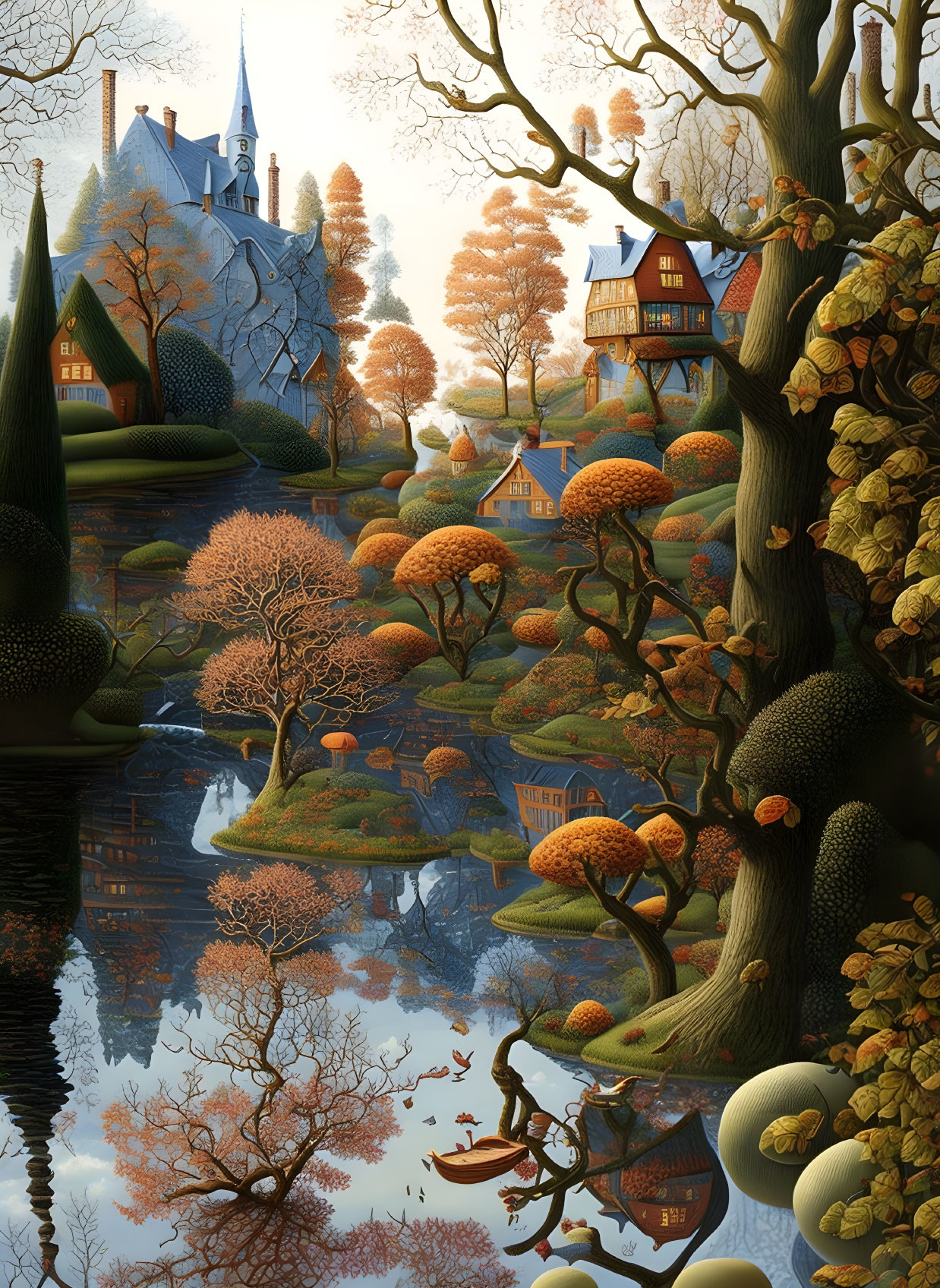 Tranquil autumn landscape with colorful trees and lake