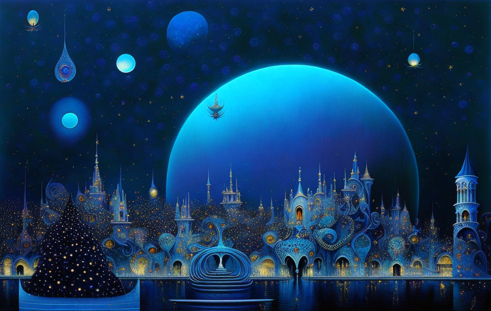 Whimsical night scene with blue moon, boat, and floating orbs