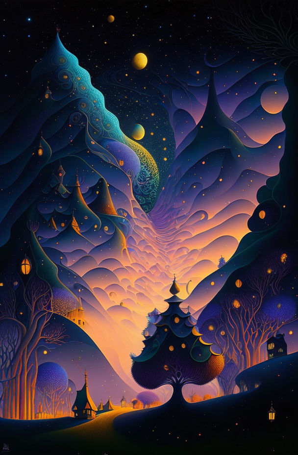 Colorful stylized night landscape with ornate trees, stars, moon, and cozy cottages