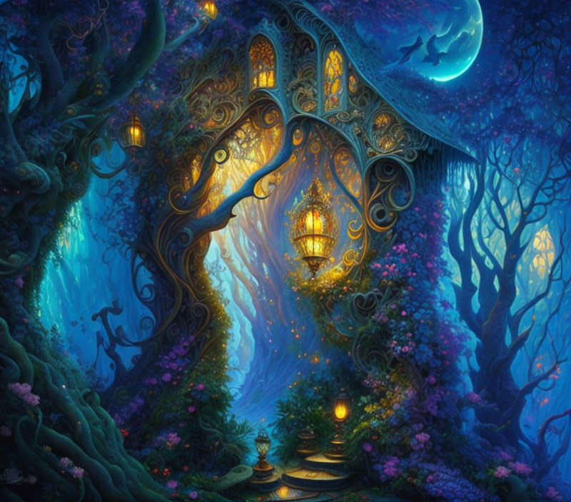 Moonlit Forest Scene with Glowing Path and Ornate Door