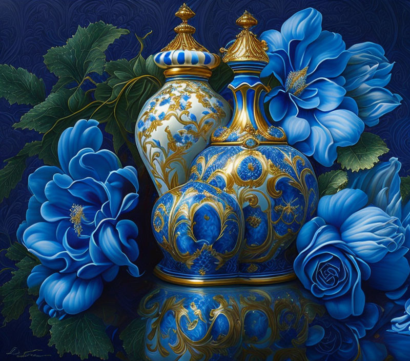Blue and Gold Trimmed Vases with Intricate Designs and Flowers on Dark Background