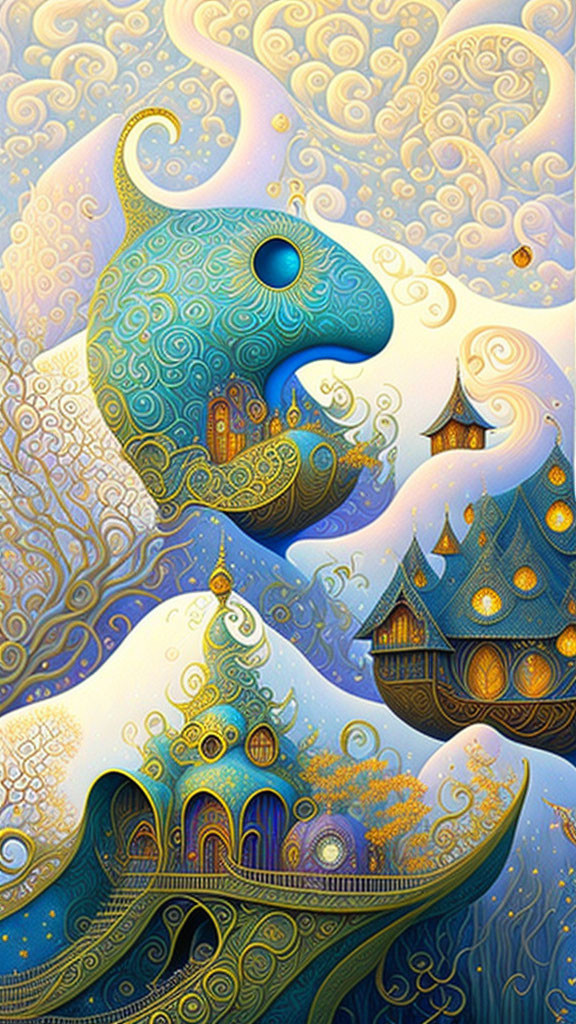 Whimsical architecture on swirling, cloud-like landscapes in blues, golds, and whites