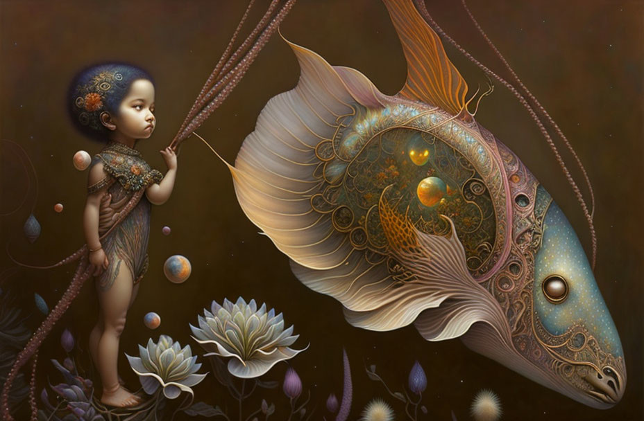 Surreal painting of child with cosmic motifs beside ornate fish