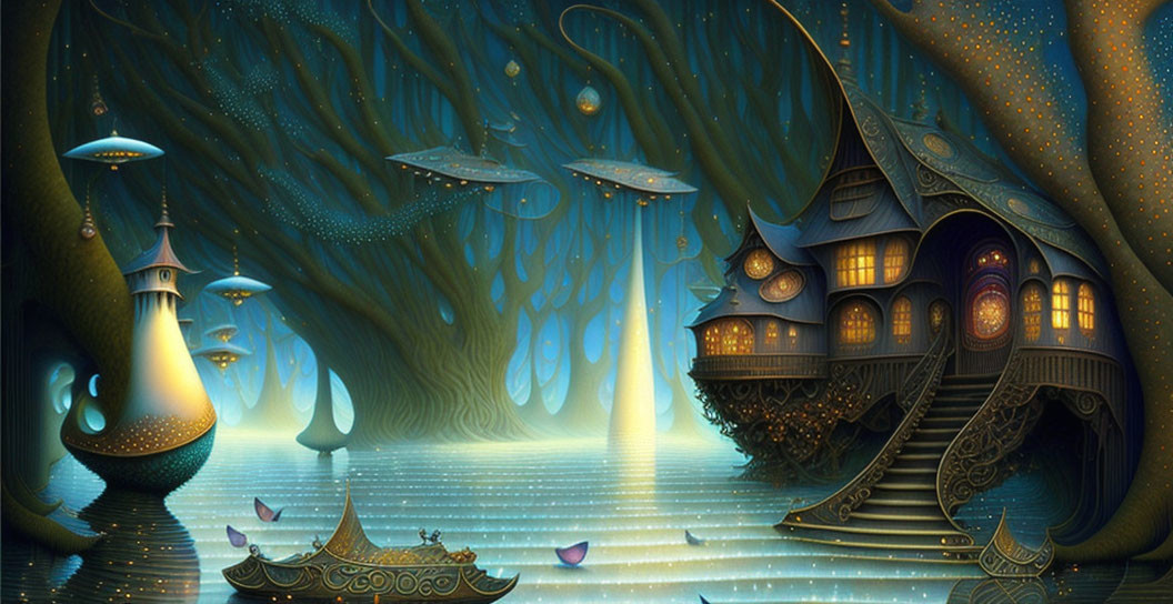 Enchanting forest scene with glowing trees, intricate treehouse, floating ships, and serene river under