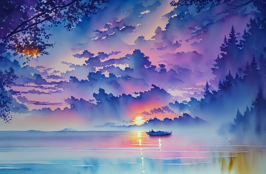 Tranquil watercolor scene: Purple sunset, calm lake, tree silhouettes & boat