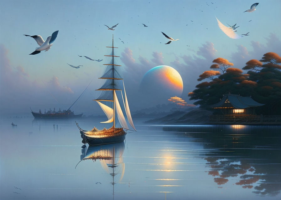 Tranquil sailing ship scene with moon, birds, and traditional buildings