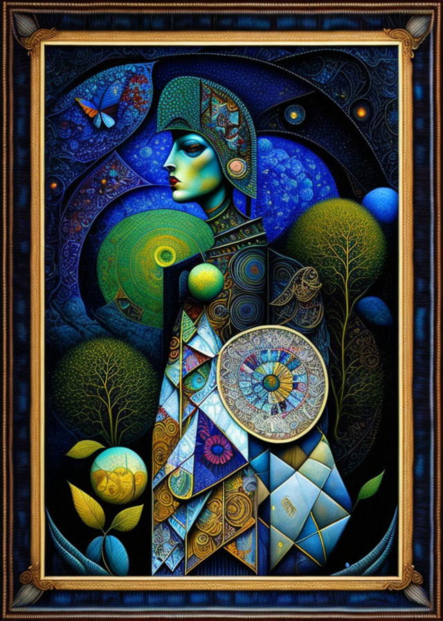 Intricate stylized woman art with nature, geometry, and celestial themes