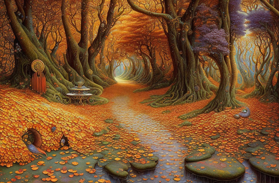 Enchanting forest path with orange leaves, golden trees, peacocks, and ethereal light