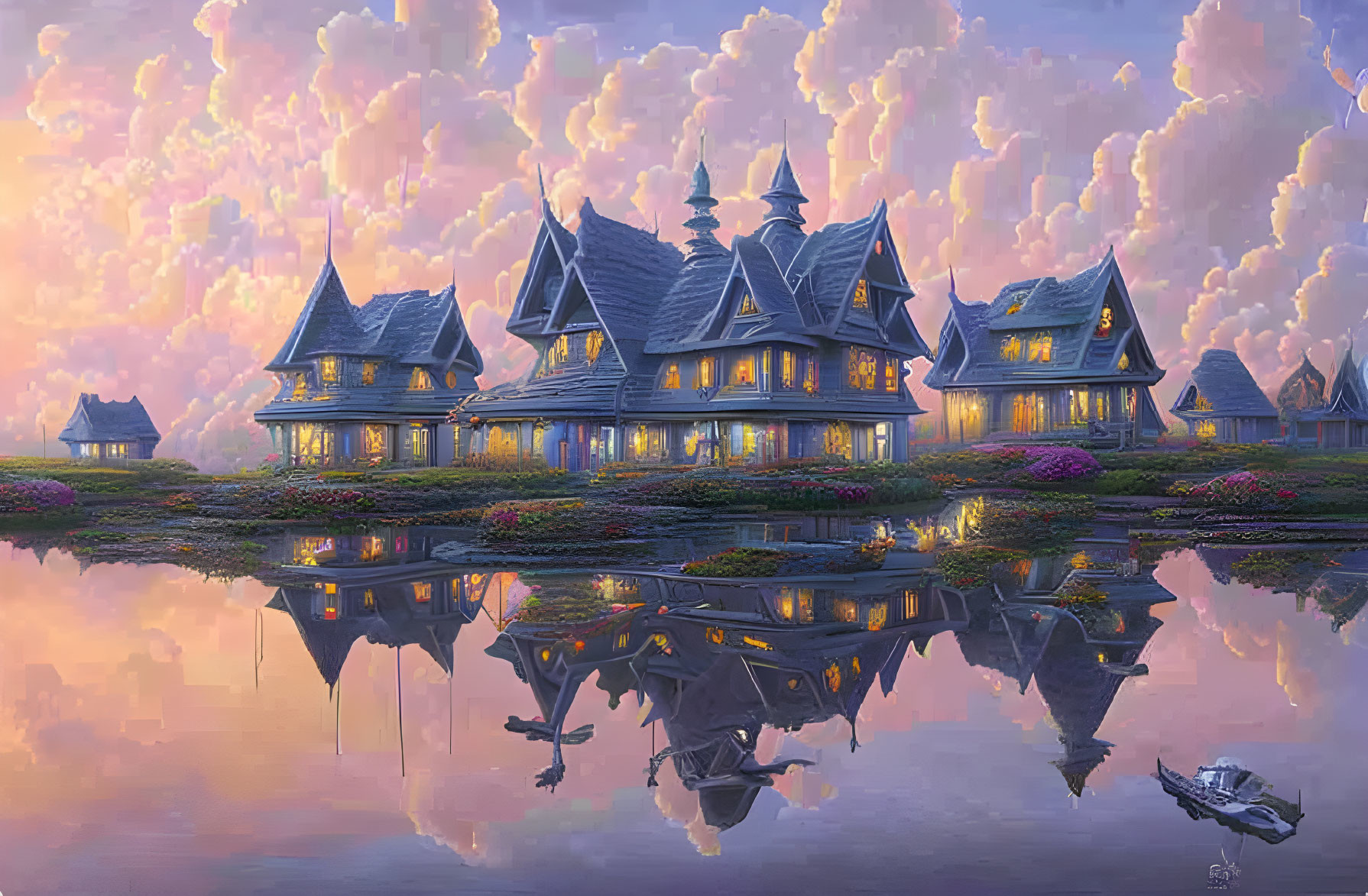 Victorian-style houses with spires reflected in serene lake at twilight