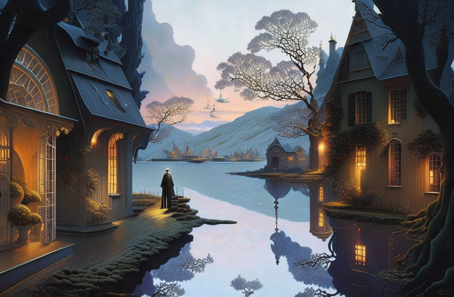 Fantasy village at night by calm lake with cloaked figure