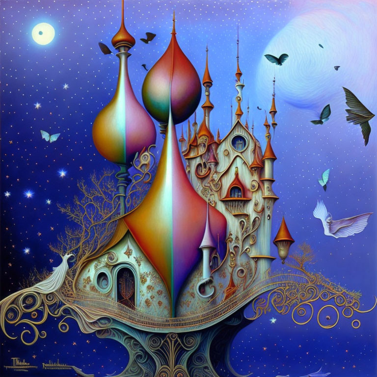 Vibrant fairytale castle on tree with books and birds in starry night sky