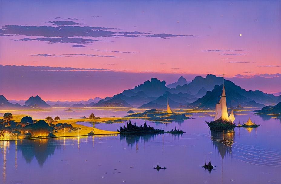 Tranquil dusk landscape with sailboats, mountains, and colorful sky