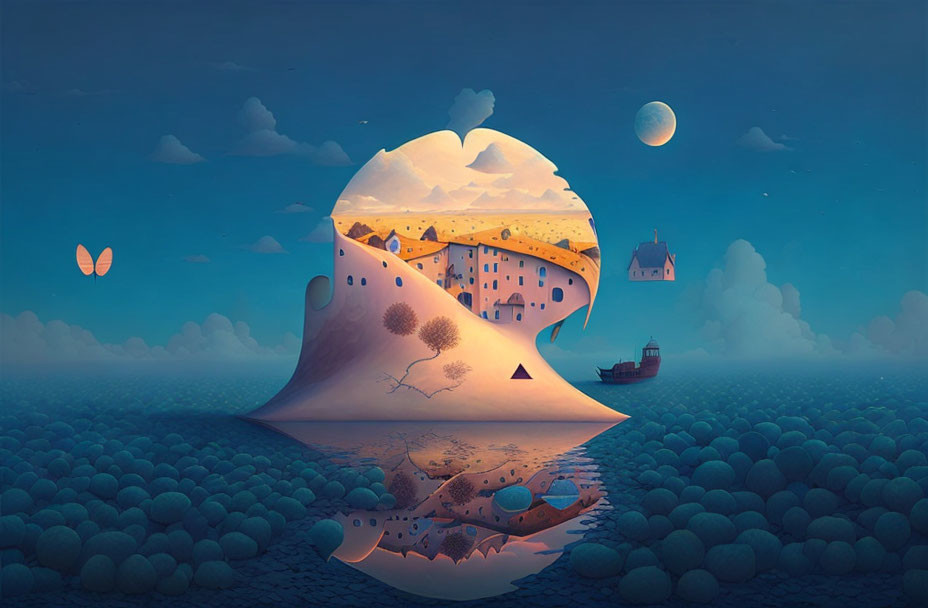 Whimsical landscape morphs into surreal scroll with buildings, tree, ship, twilight sky.