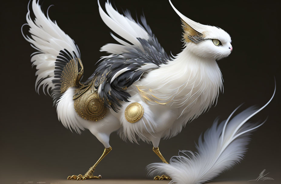 White Mythological Bird with Golden Details: Long Tail and Horns