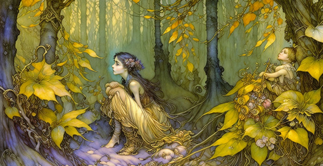 Whimsical forest scene with ethereal figures and golden-yellow flora