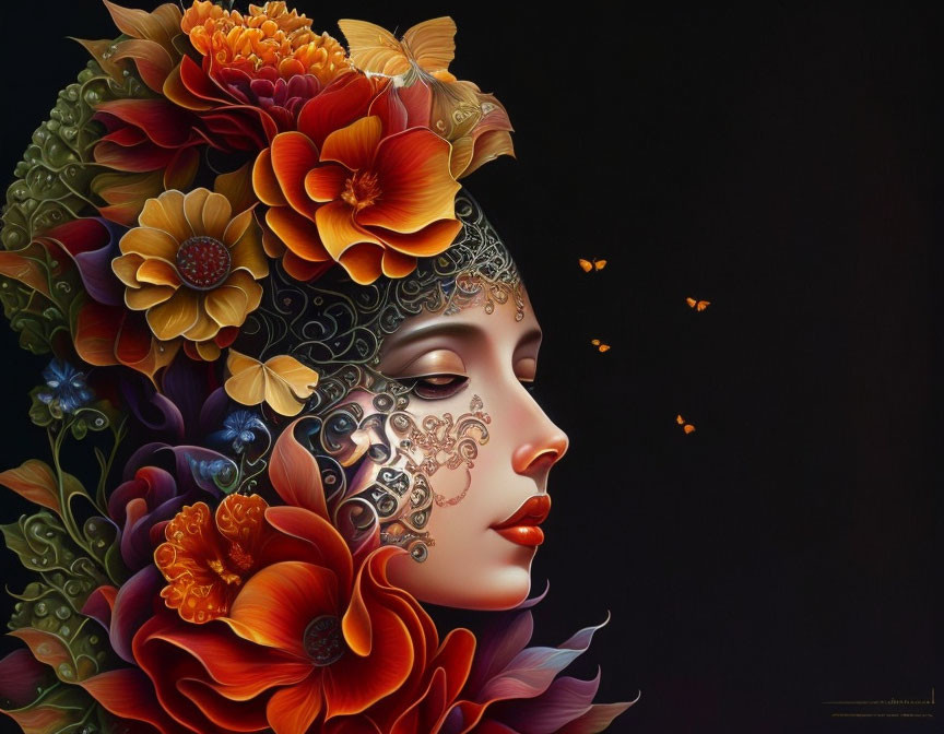 Digital Art Portrait of Woman with Floral Headdress and Butterflies