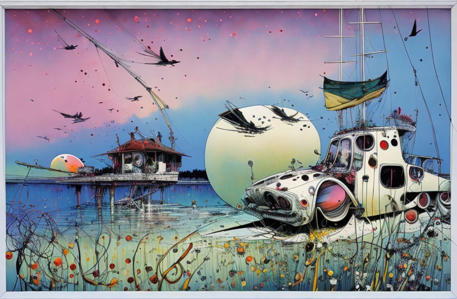 Colorful Seascape Illustration with Submerged Car, House on Stilts, Sailboat,