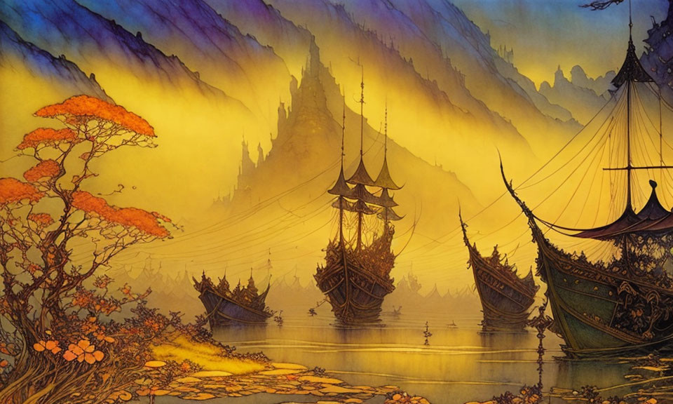 Artistic portrayal of old sailing ships, serene waters, ethereal castle, misty mountains