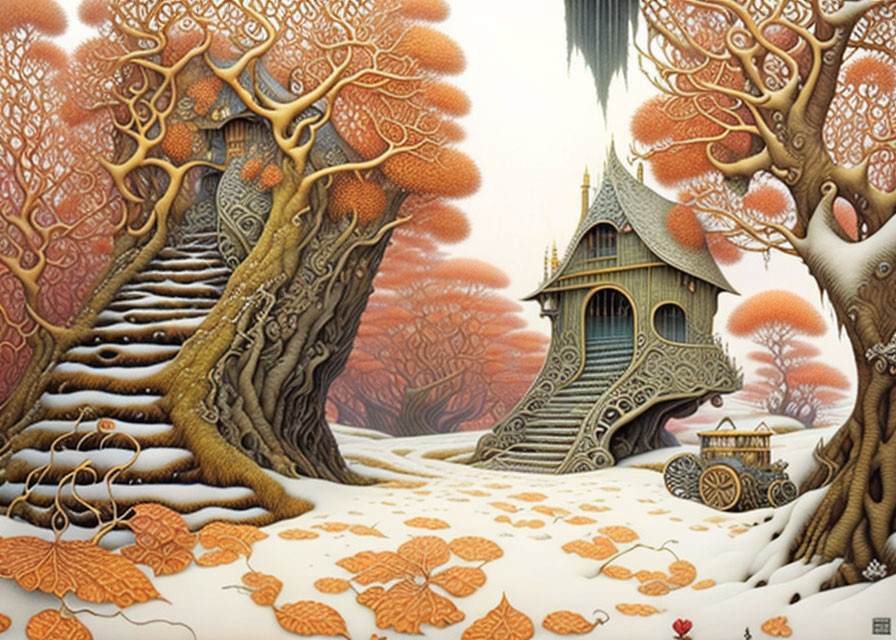 Detailed Fantasy Landscape with Whimsical House, Trees, and Cart in Autumn-Winter Transition