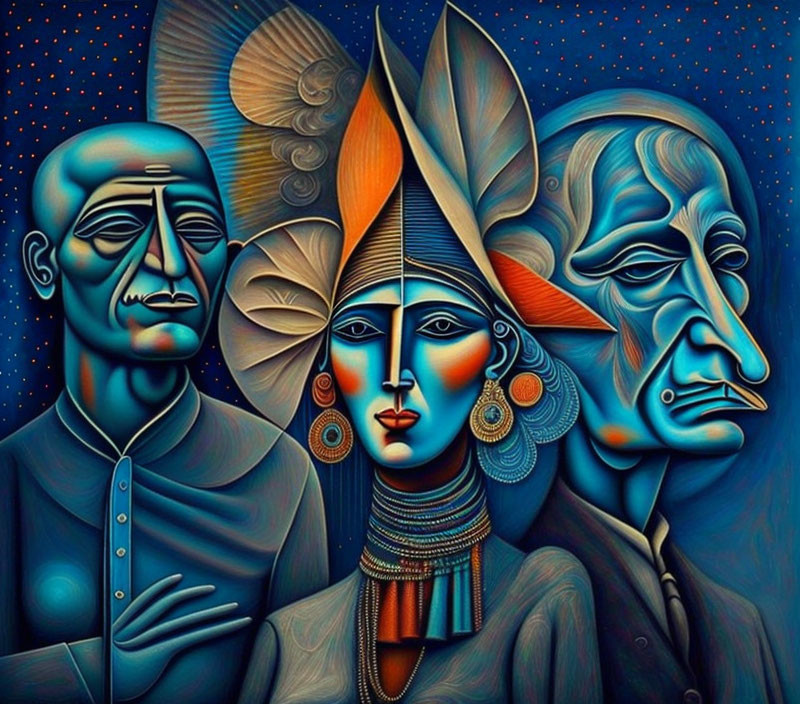 Stylized artwork of three faces on vibrant blue background