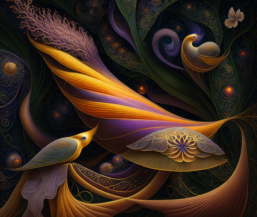 Ornate birds in cosmic-themed digital art