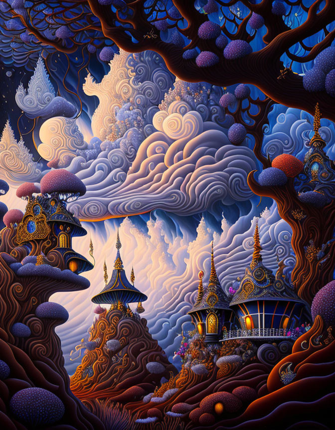 Fantastical buildings and twisted trees under vibrant sky