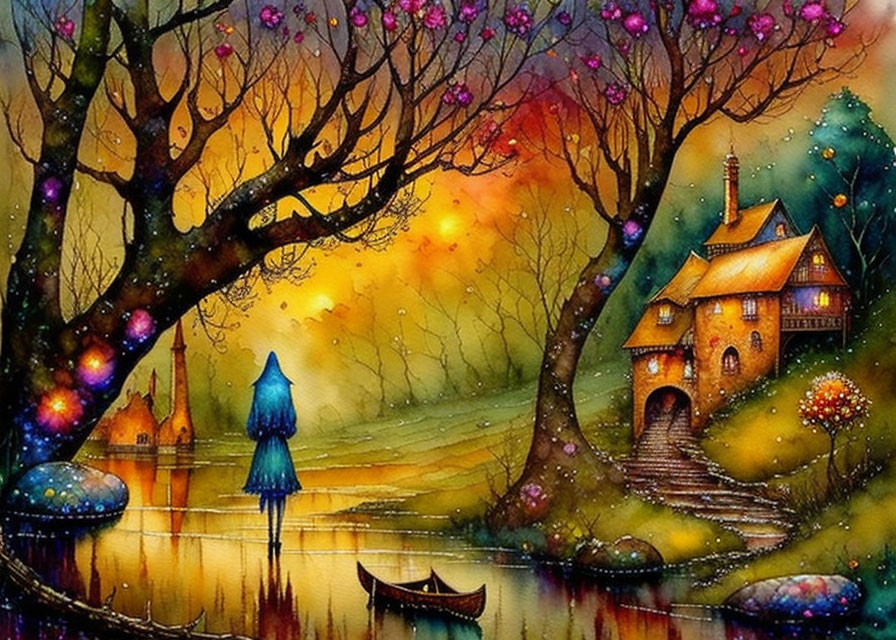 Serene sunset watercolor painting of a magical lakeside cottage