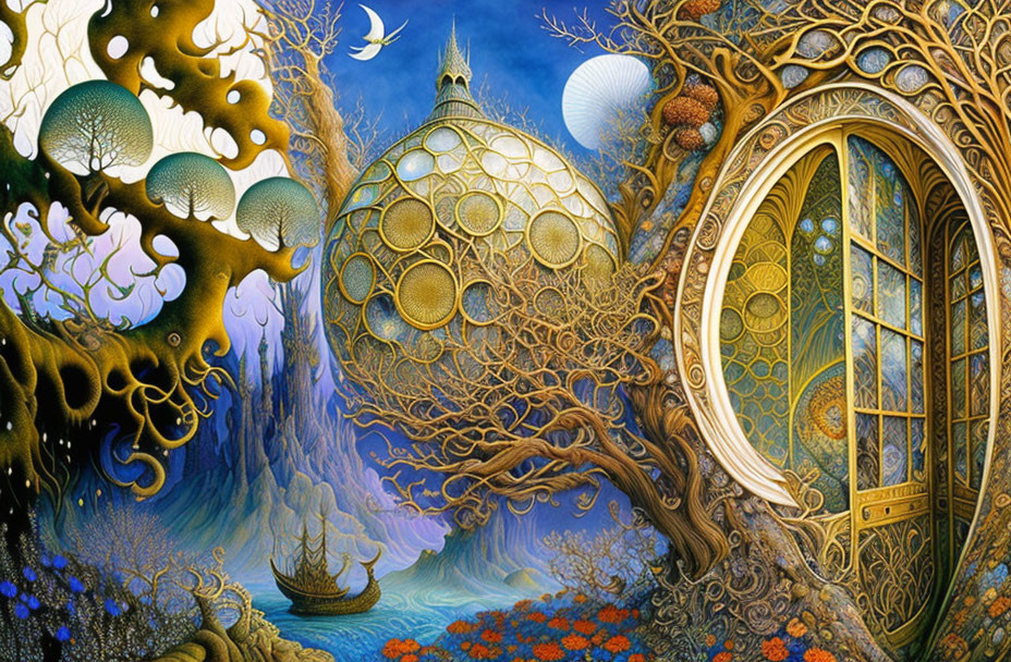 Fantastical landscape with ornate trees, golden door, and spherical treehouse.