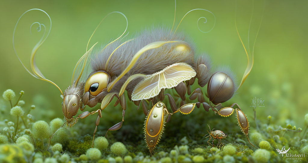 Detailed fantasy illustration of gold and brown ant in lush green setting