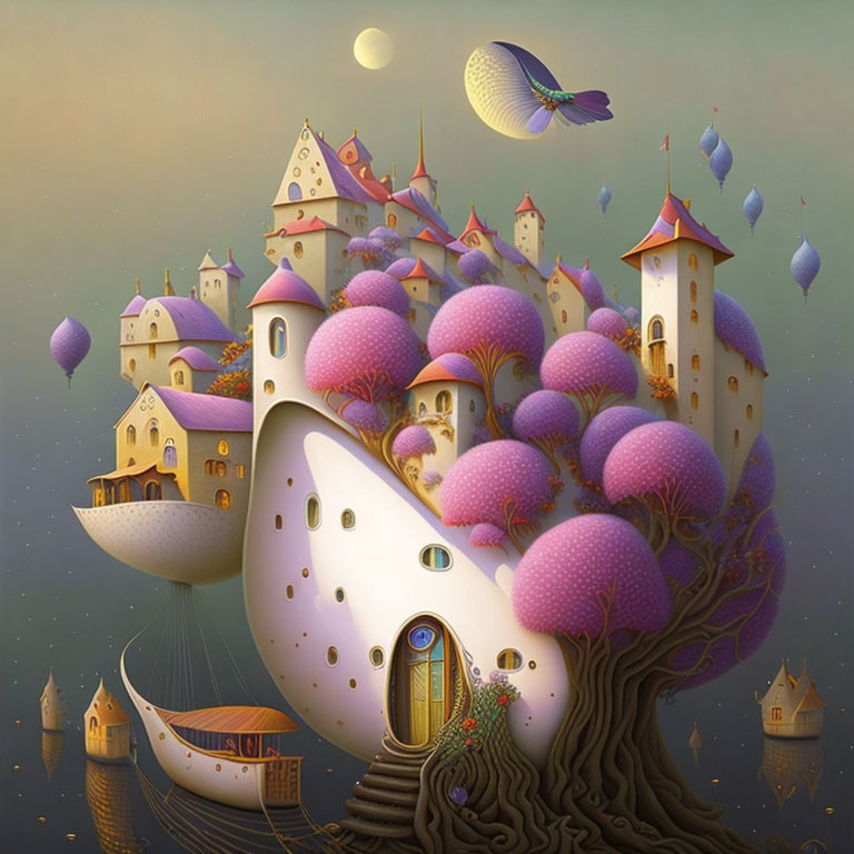 Fantasy artwork: Tree with purple foliage, castle, floating islands, balloons, fish, crescent