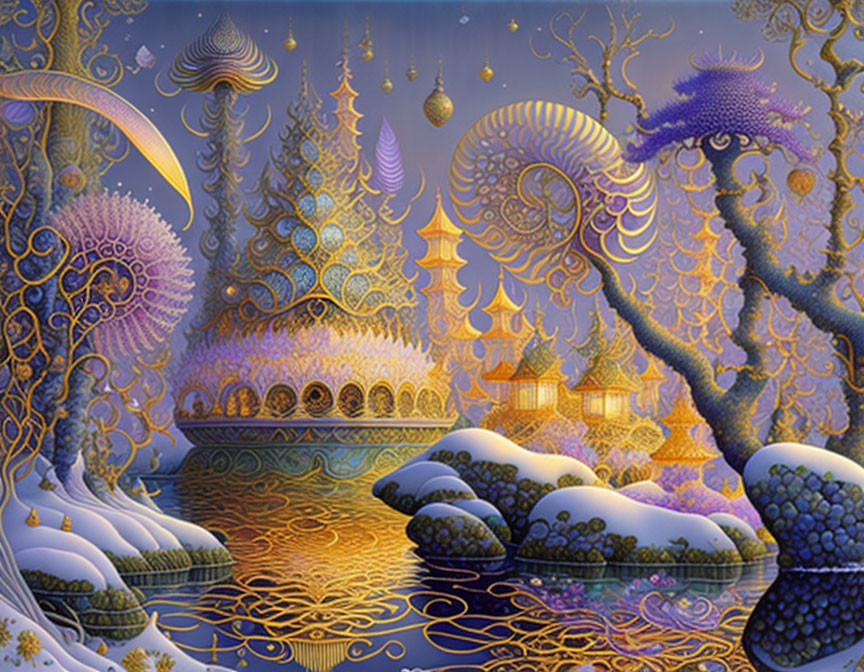 Fantastical landscape with golden structures, whimsical trees, and starry sky