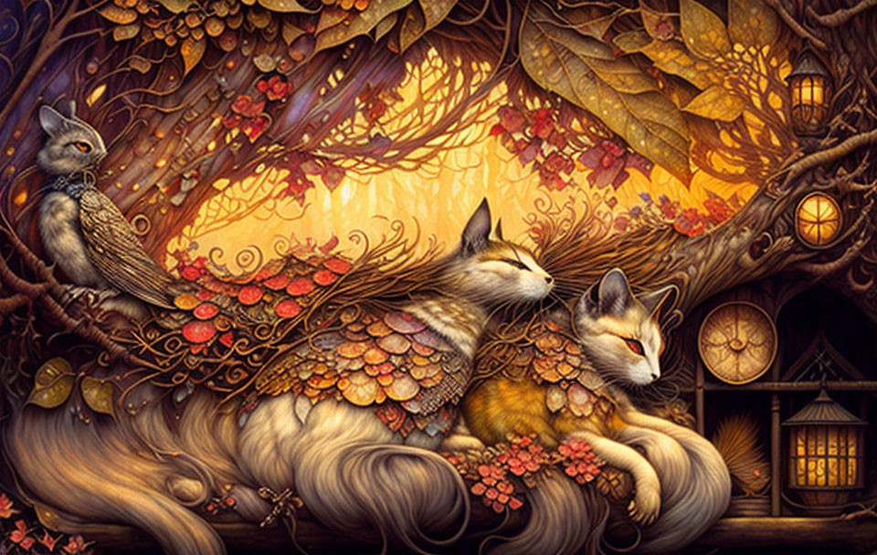 Ornate foxes and mythical treehouse in autumn setting