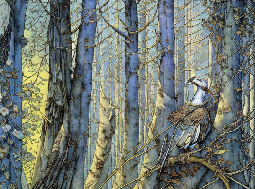 Detailed Bird Illustration in Blue-Toned Forest