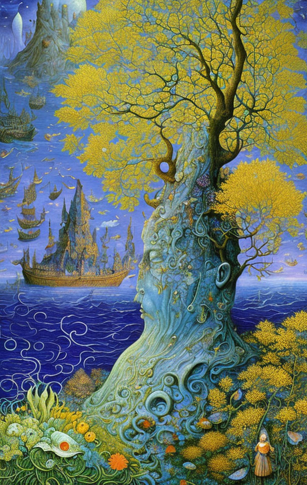 Colorful fantasy painting: tree with face, golden leaves, ships on water, flowers, and female