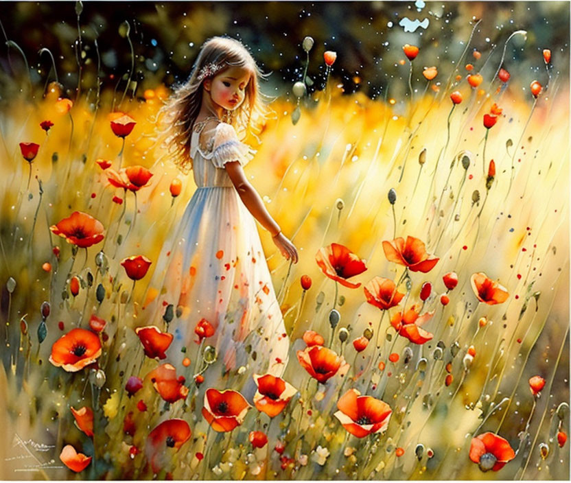 Young girl in white dress in sunlit poppy field with glistening drops