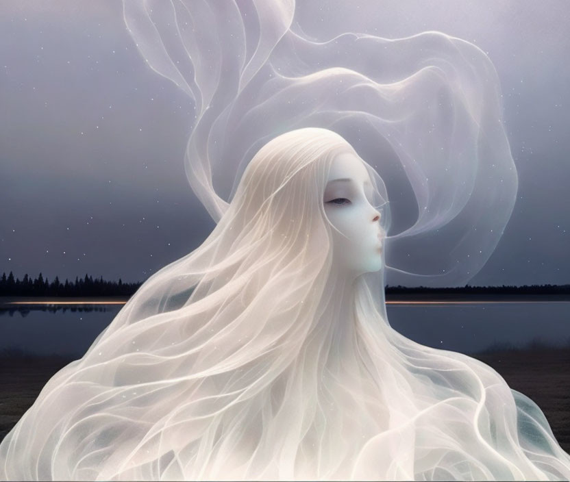 Surreal figure with flowing white hair in dusky landscape
