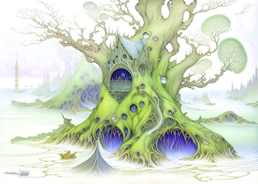 Fantasy tree with face and orbs in serene landscape