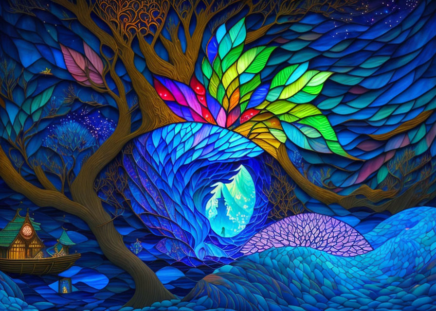 Colorful Tree, Peacock, Boat, and Castle in Vibrant Art