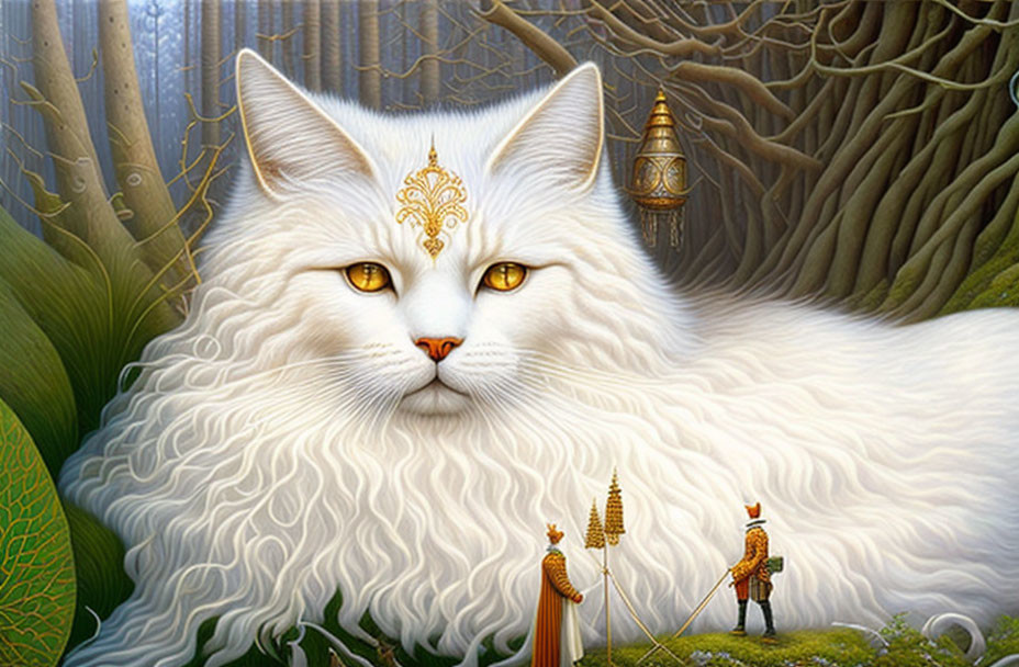 White Cat with Gold Markings Rests in Mystical Forest with Armored Figures