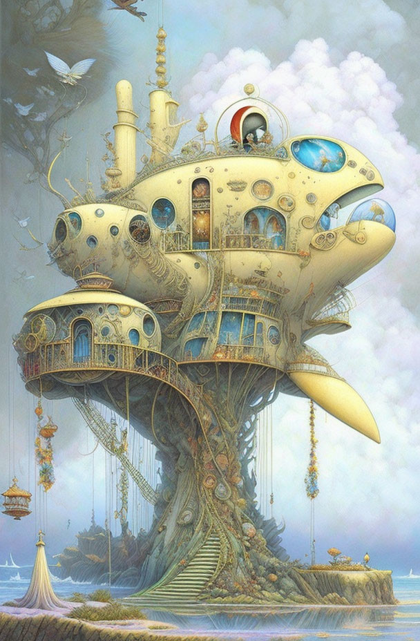 Whimsical painting of towering tree with steampunk submarine structure