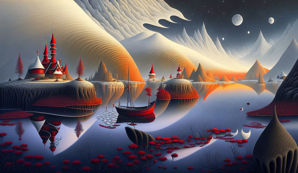 Fantasy landscape with red castle, hills, lake, boats, red foliage, under starry sky