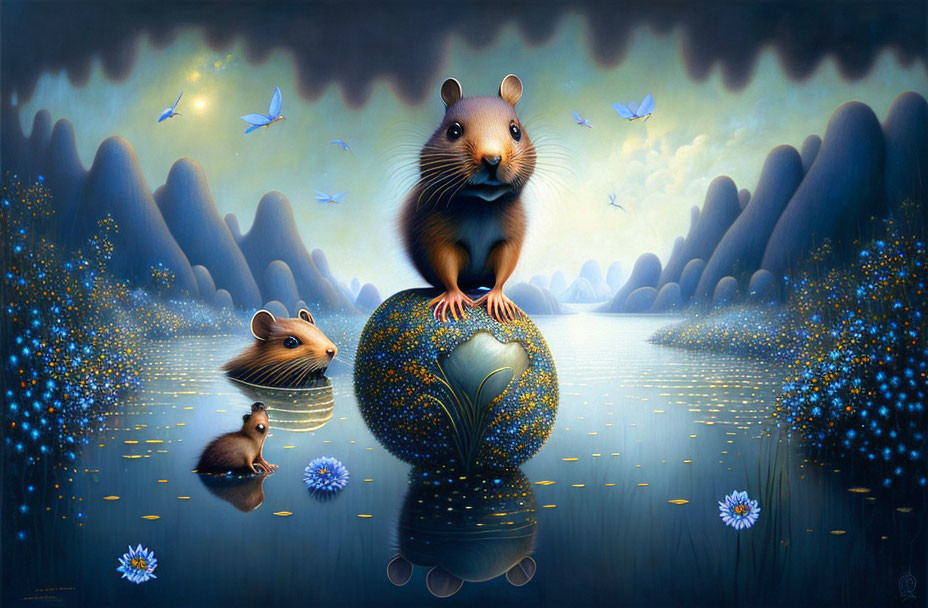 Whimsical painting of three mice on glowing orb in surreal, starry landscape