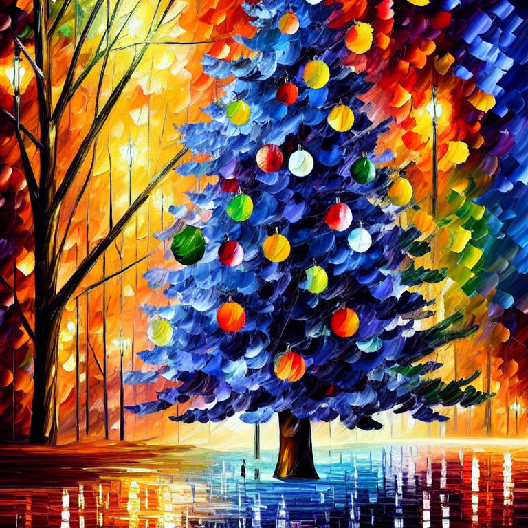 Colorful Tree Painting in Park at Dusk with Wet Path & Impressionistic Foliage