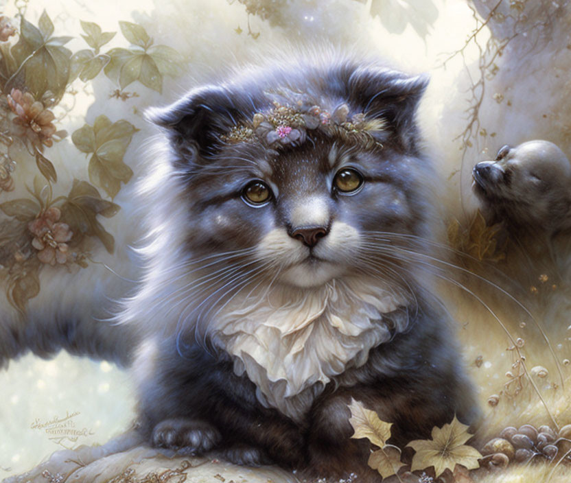 Fluffy cat with large eyes in floral crown and ruffled collar among foliage and bird.