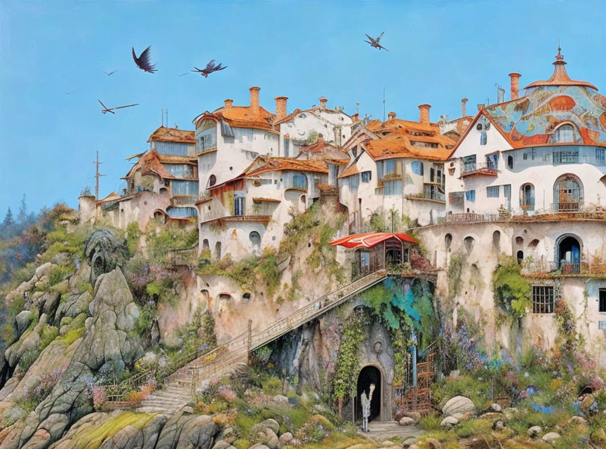 Sprawling Cliffside Village with Ornate Buildings and Flying Birds