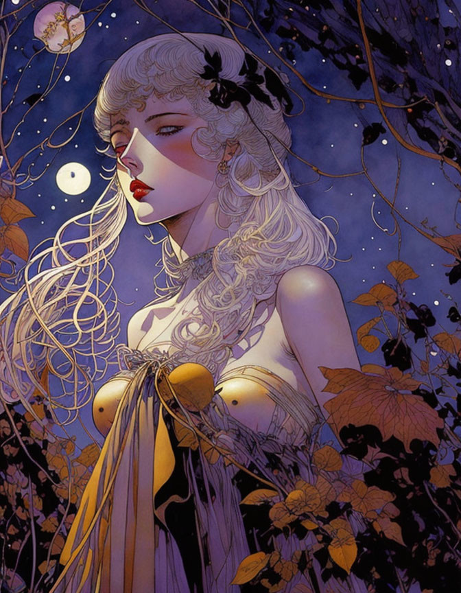 Illustrated woman with blonde hair and flowers under crescent moon and night sky.