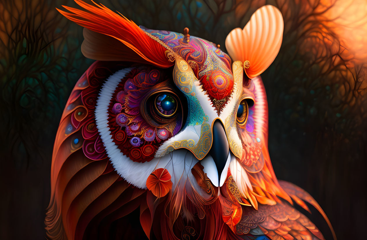 Stylized owl digital art with fiery colors and forest backdrop